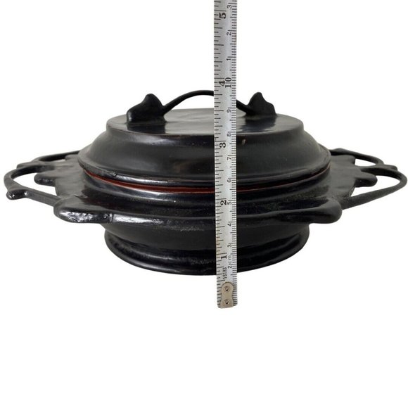 Antique Lacquered Pickled Tea Box Kyuok Ka Style Covered Dish Carved Out Handles - Picture 6 of 7